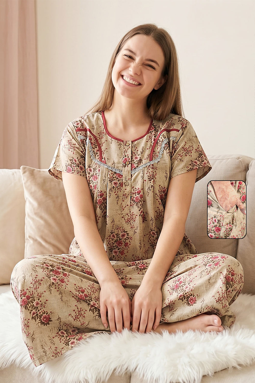 Women's Bizzy Lizzy Poly Viscose Printed Nighty | Round Neck Short Sleeve Full Length Night Gown for Women | Relax Fit Premium Sleepwear - 3532