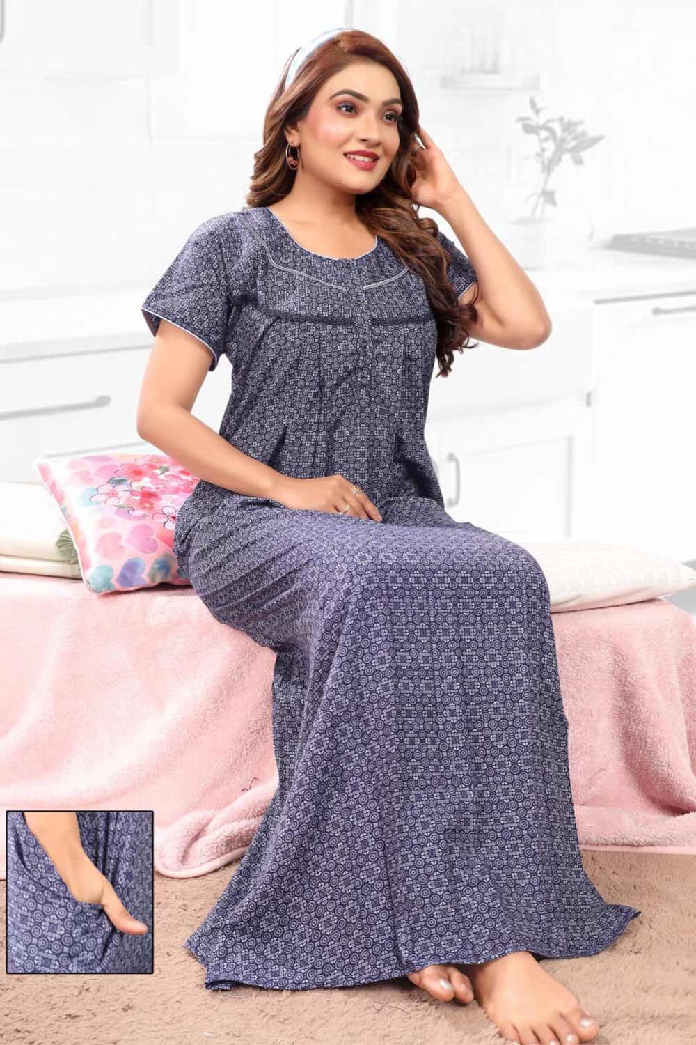 Naidu Hall Women’s Printed Pleated Nighty – Relax Fit Poly Viscose Full Length Nightwear with Round Neck | Comfortable Daily Wear - 3546