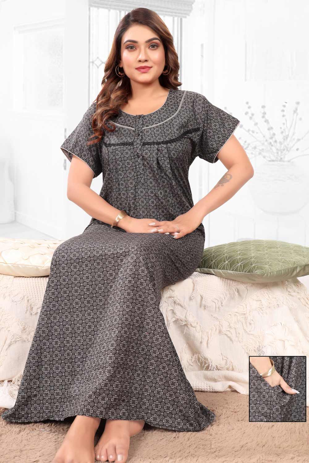 Naidu Hall Women’s Printed Pleated Nighty – Relax Fit Poly Viscose Full Length Nightwear with Round Neck | Comfortable Daily Wear - 3546