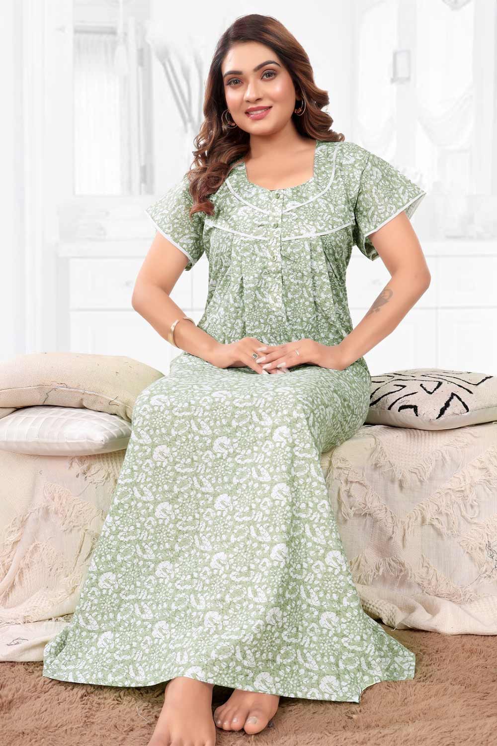 Naidu Hall Women’s Printed Pleated Nighty – Relax Fit Poly Viscose Full Length Nightwear with Round Neck | Comfortable Daily Wear - 3562