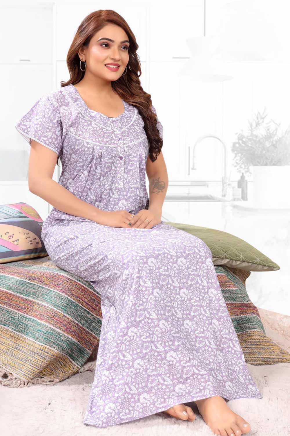 Naidu Hall Women’s Printed Pleated Nighty – Relax Fit Poly Viscose Full Length Nightwear with Round Neck | Comfortable Daily Wear - 3562