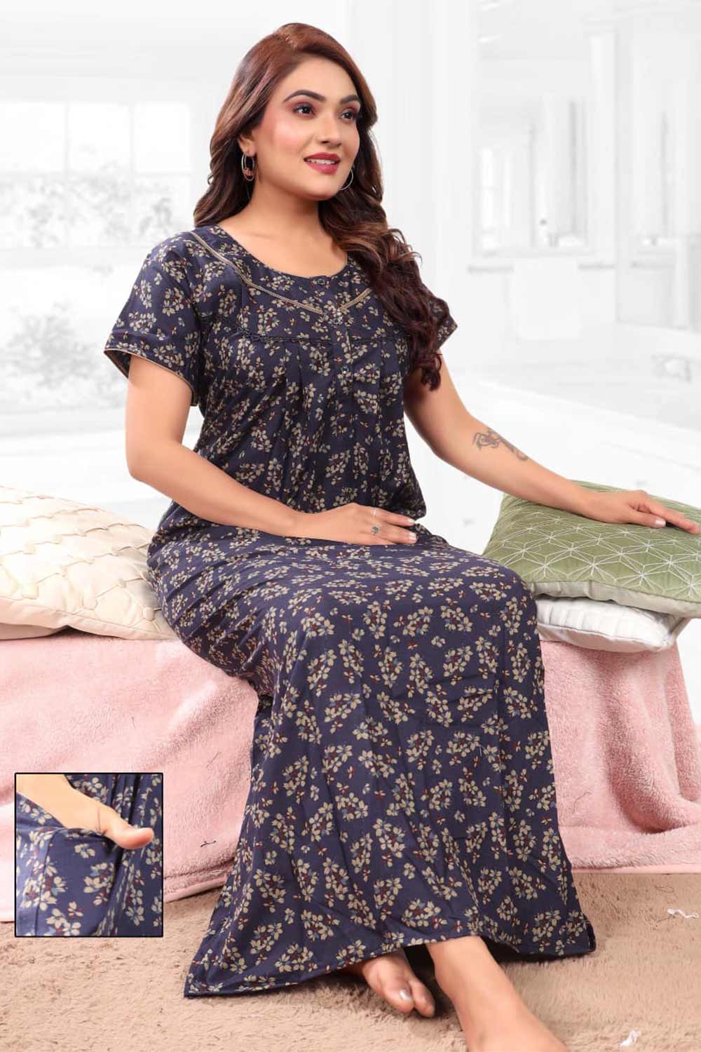 Naidu Hall Women’s Printed Pleated Nighty – Relax Fit Poly Viscose Full Length Nightwear with Round Neck | Comfortable Daily Wear - 3564