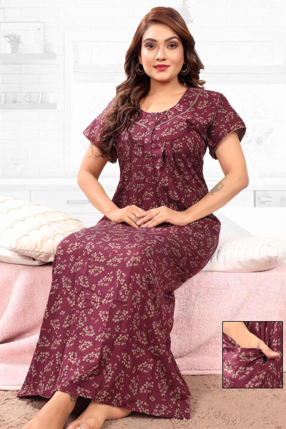 Naidu Hall Women’s Printed Pleated Nighty – Relax Fit Poly Viscose Full Length Nightwear with Round Neck | Comfortable Daily Wear - 3564