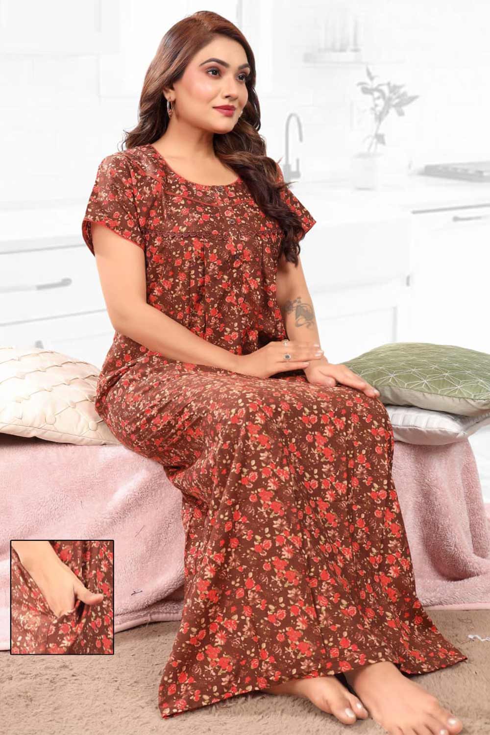 Naidu Hall Women’s Printed Pleated Nighty – Relax Fit Poly Viscose Full Length Nightwear with Round Neck | Comfortable Daily Wear - 3566