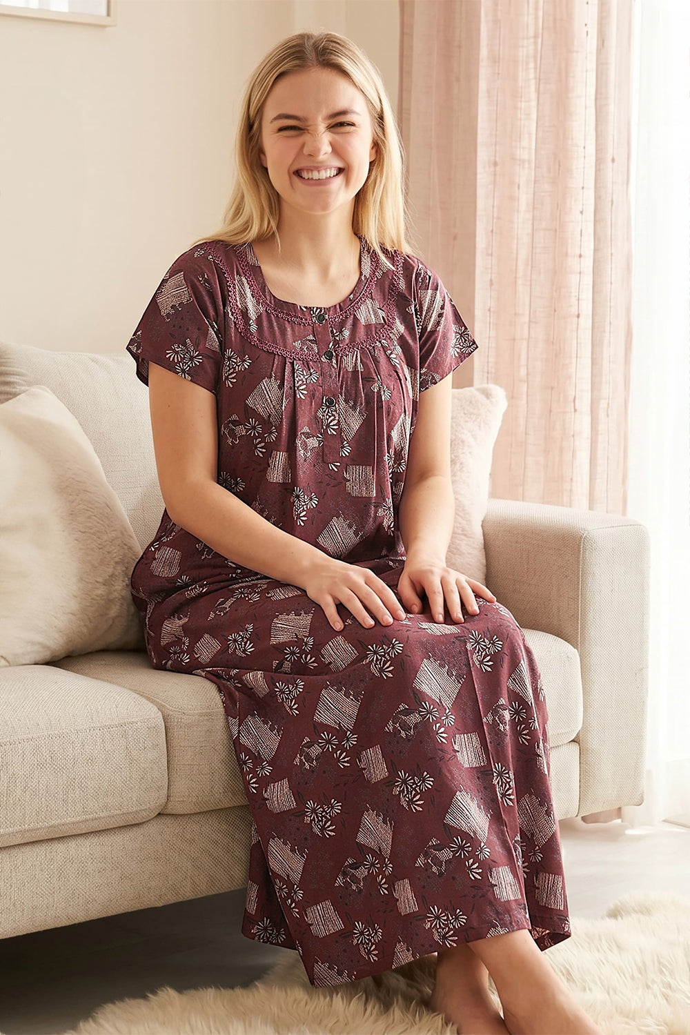 Women's Alpine Pure Cotton Printed Nighty | Round Neck Short Sleeve Full Length Night Gown for Women | Relax Fit Soft Cotton Sleepwear - 3579