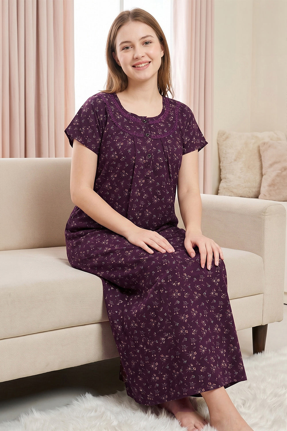 Women's Alpine Pure Cotton Printed Nighty | Round Neck Short Sleeve Full Length Night Gown for Women | Relax Fit Soft Cotton Sleepwear - 3589
