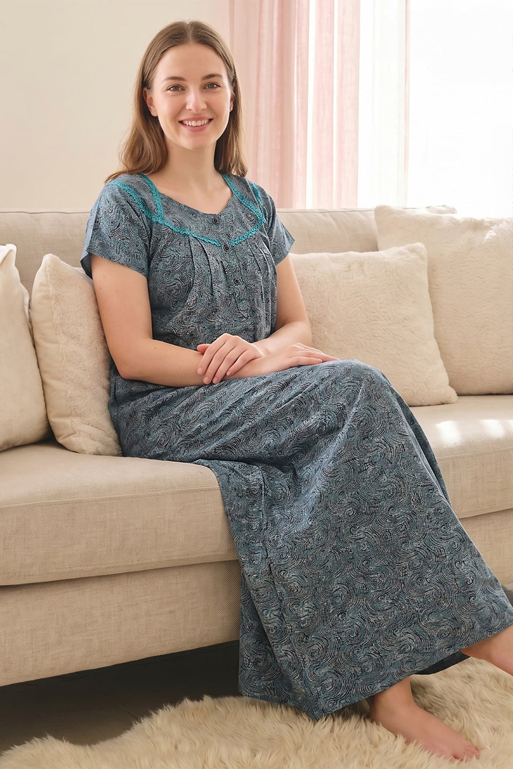Women's Alpine Pure Cotton Printed Nighty | Round Neck Short Sleeve Full Length Night Gown for Women | Relax Fit Soft Cotton Sleepwear - 3591