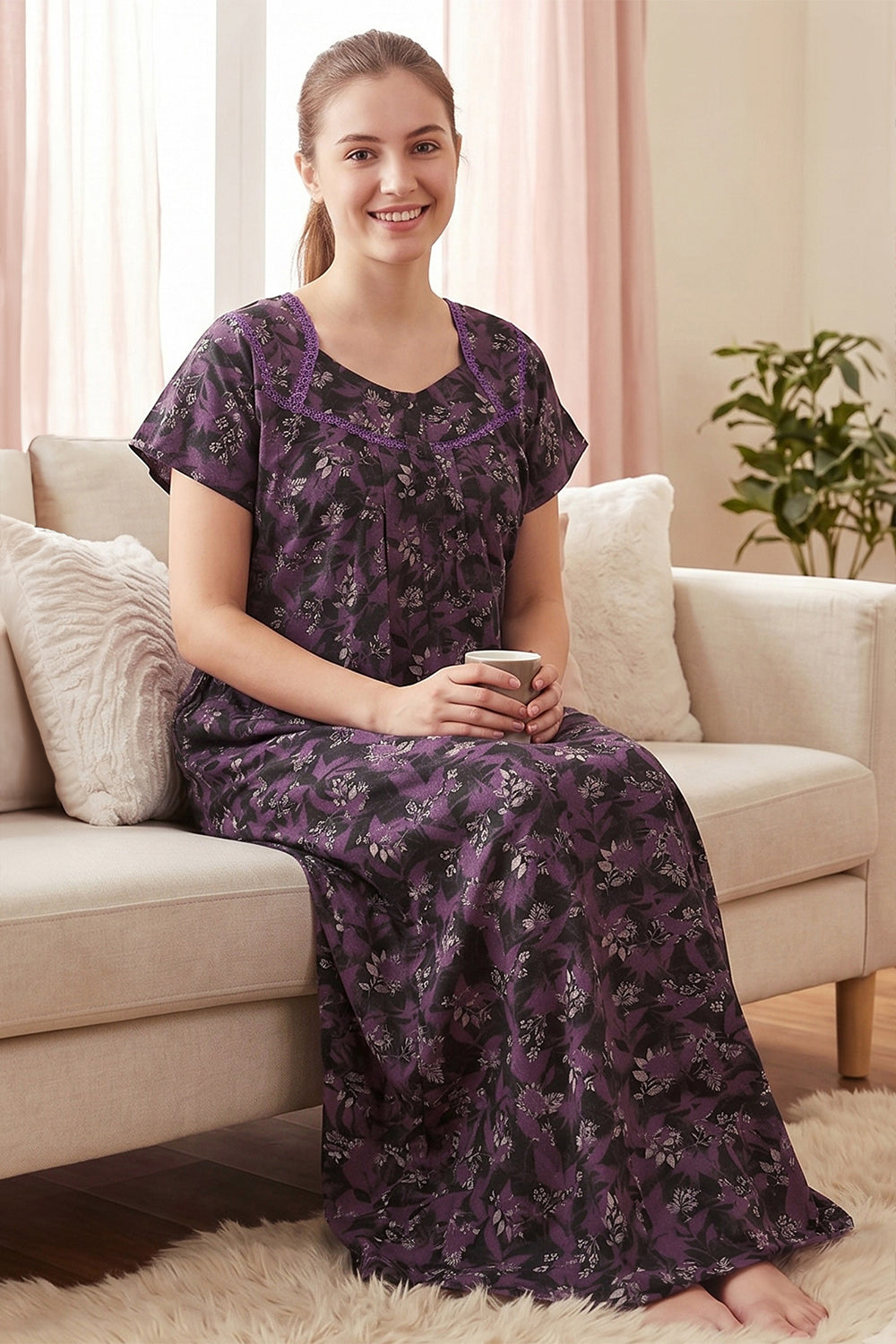 Women's Alpine Pure Cotton Printed Nighty | Round Neck Short Sleeve Full Length Night Gown for Women | Relax Fit Soft Cotton Sleepwear - 3592