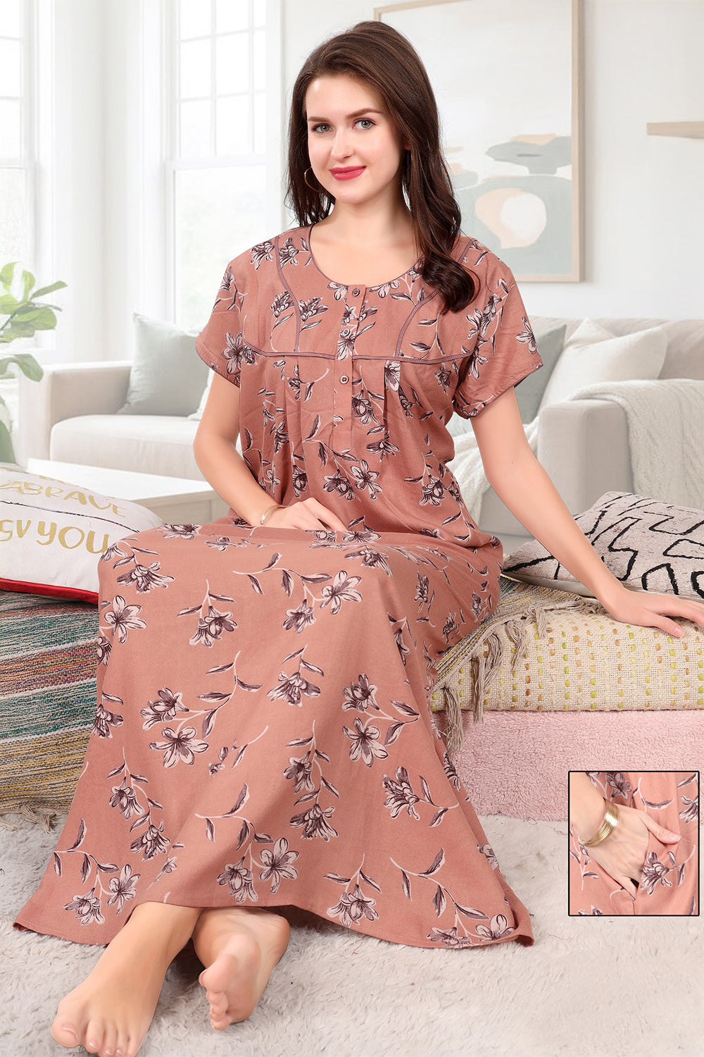 Women’s Cotton Blend Printed Pleated Nighty | Full Length Round Neck Night Dress with Short Sleeves | Regular Fit Daily Wear Sleepwear & Loungewear - 3610
