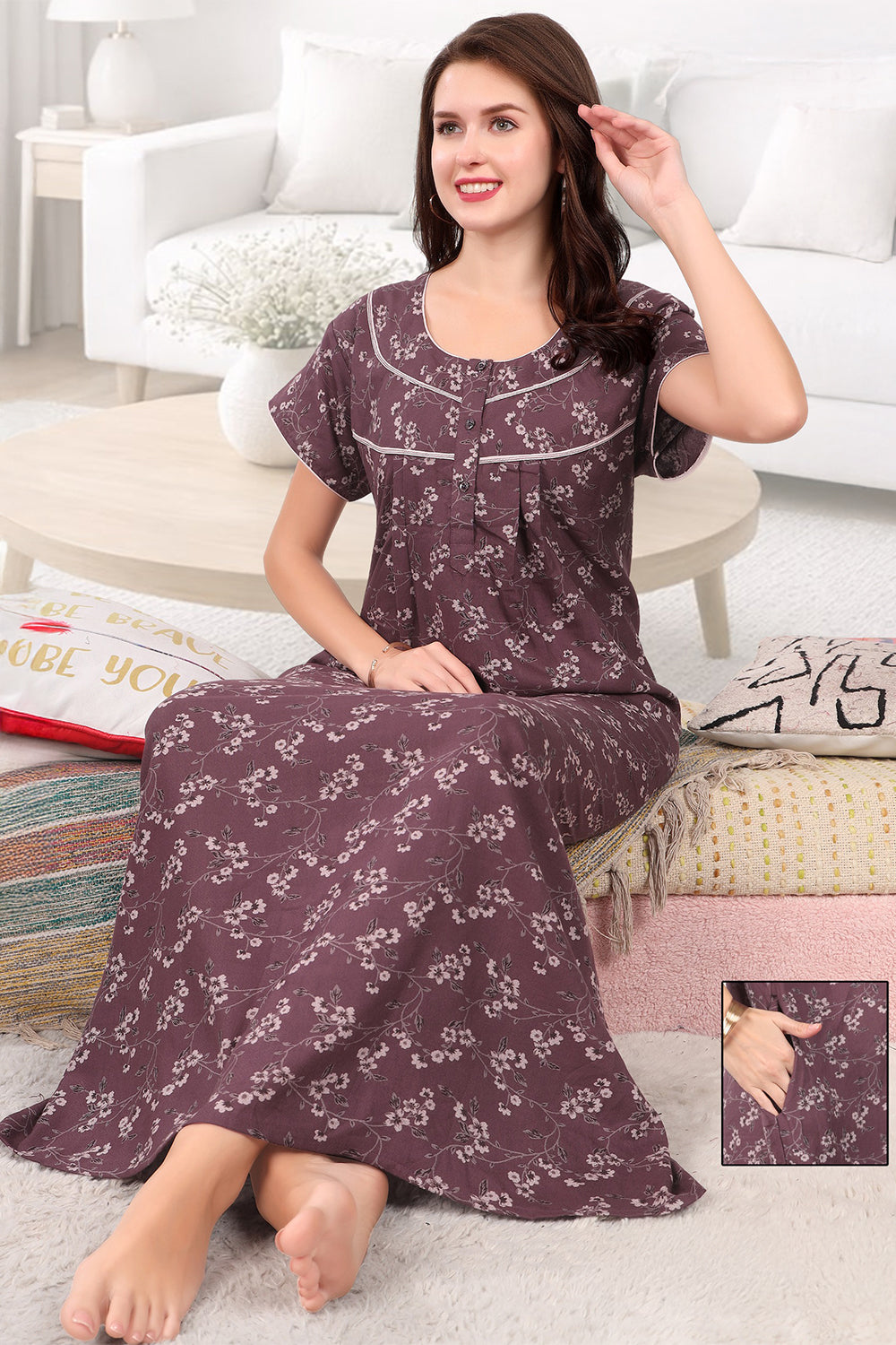 Women’s Cotton Blend Printed Pleated Nighty | Full Length Round Neck Night Dress with Short Sleeves | Regular Fit Daily Wear Sleepwear & Loungewear - 3611