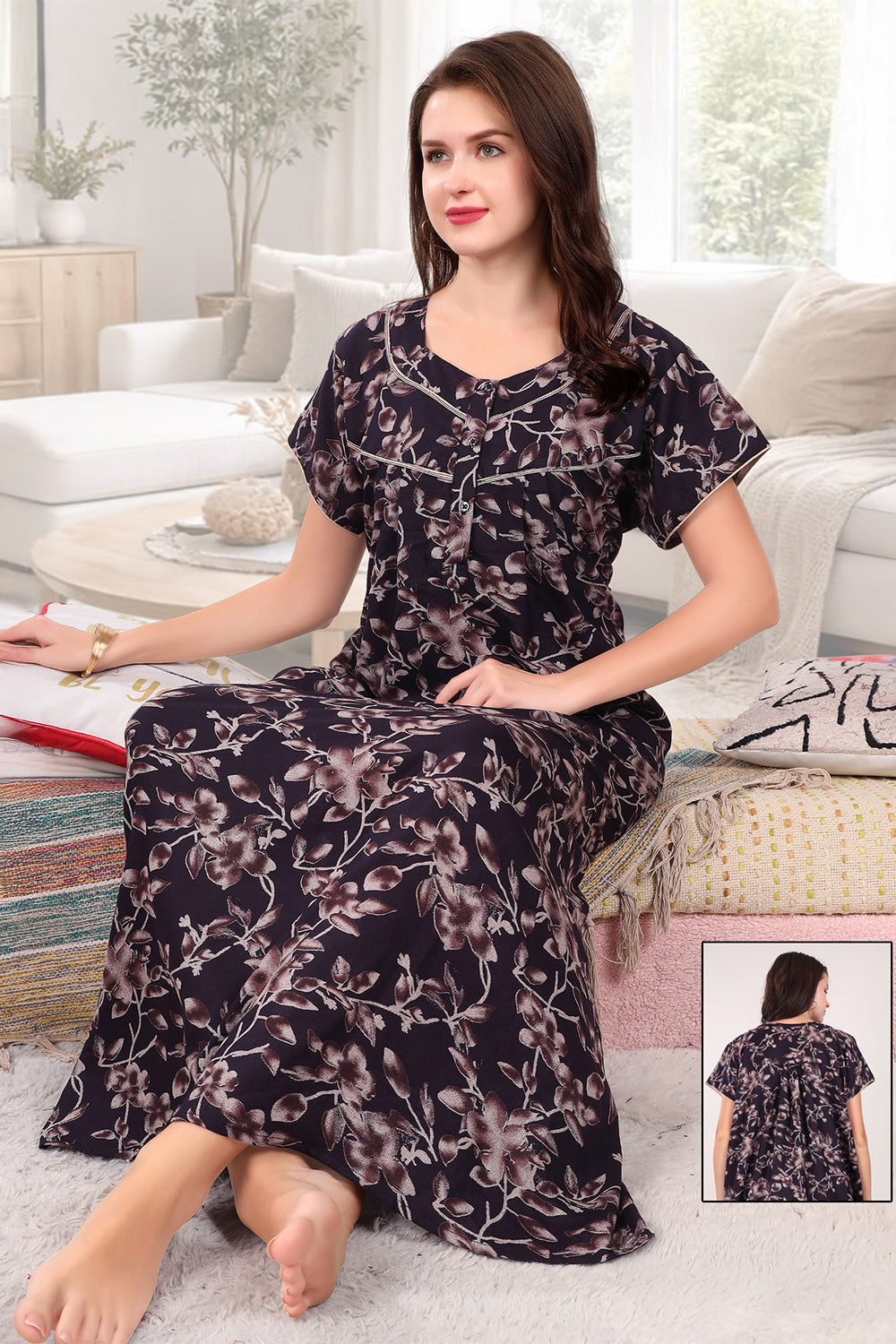 Women’s Cotton Blend Printed Pleated Nighty | Full Length Round Neck Night Dress with Short Sleeves | Regular Fit Daily Wear Sleepwear & Loungewear - 3612