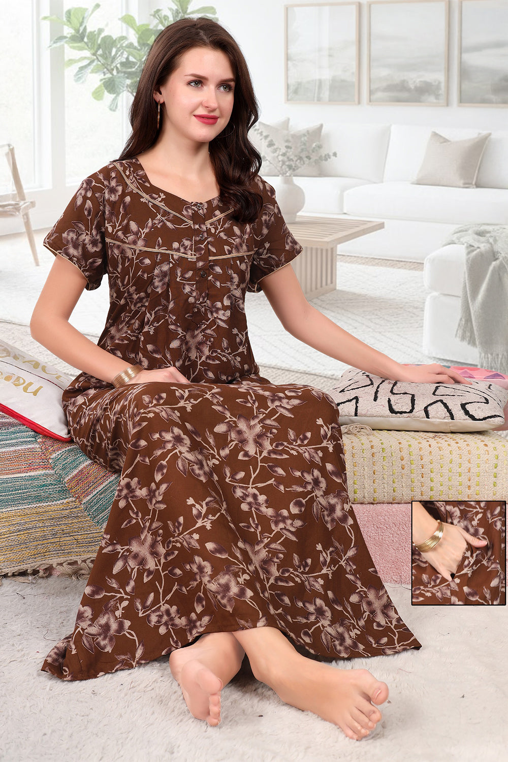 Women’s Cotton Blend Printed Pleated Nighty | Full Length Round Neck Night Dress with Short Sleeves | Regular Fit Daily Wear Sleepwear & Loungewear - 3612