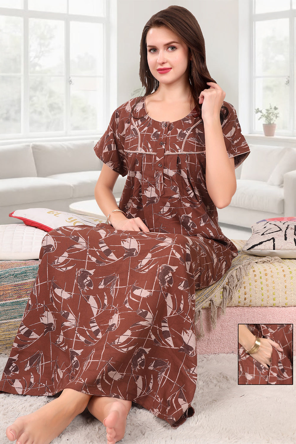 Women’s Cotton Blend Printed Pleated Nighty | Full Length Round Neck Night Dress with Short Sleeves | Regular Fit Daily Wear Sleepwear & Loungewear - 3614