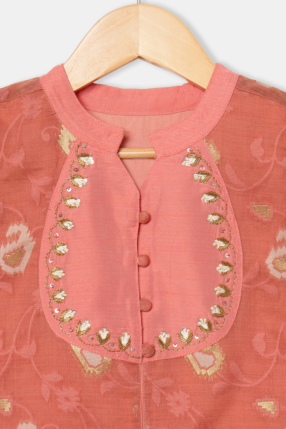 Chittythalli Girl's Ethnic Pavadai Set Round Neck Top with Shoulder Tie-Ups Sequin Embroidery & Kali Skirt - Pink - PS70