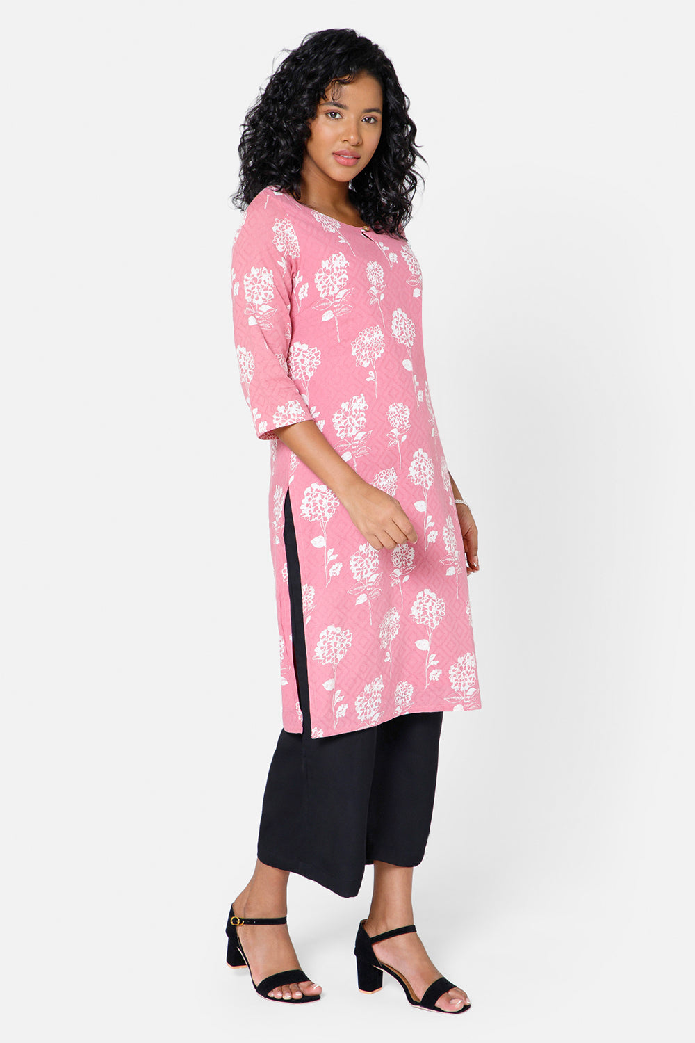 Mythri Women's Casual Kurthi with Round Neck 3/4th Sleeves - Pink - KU34