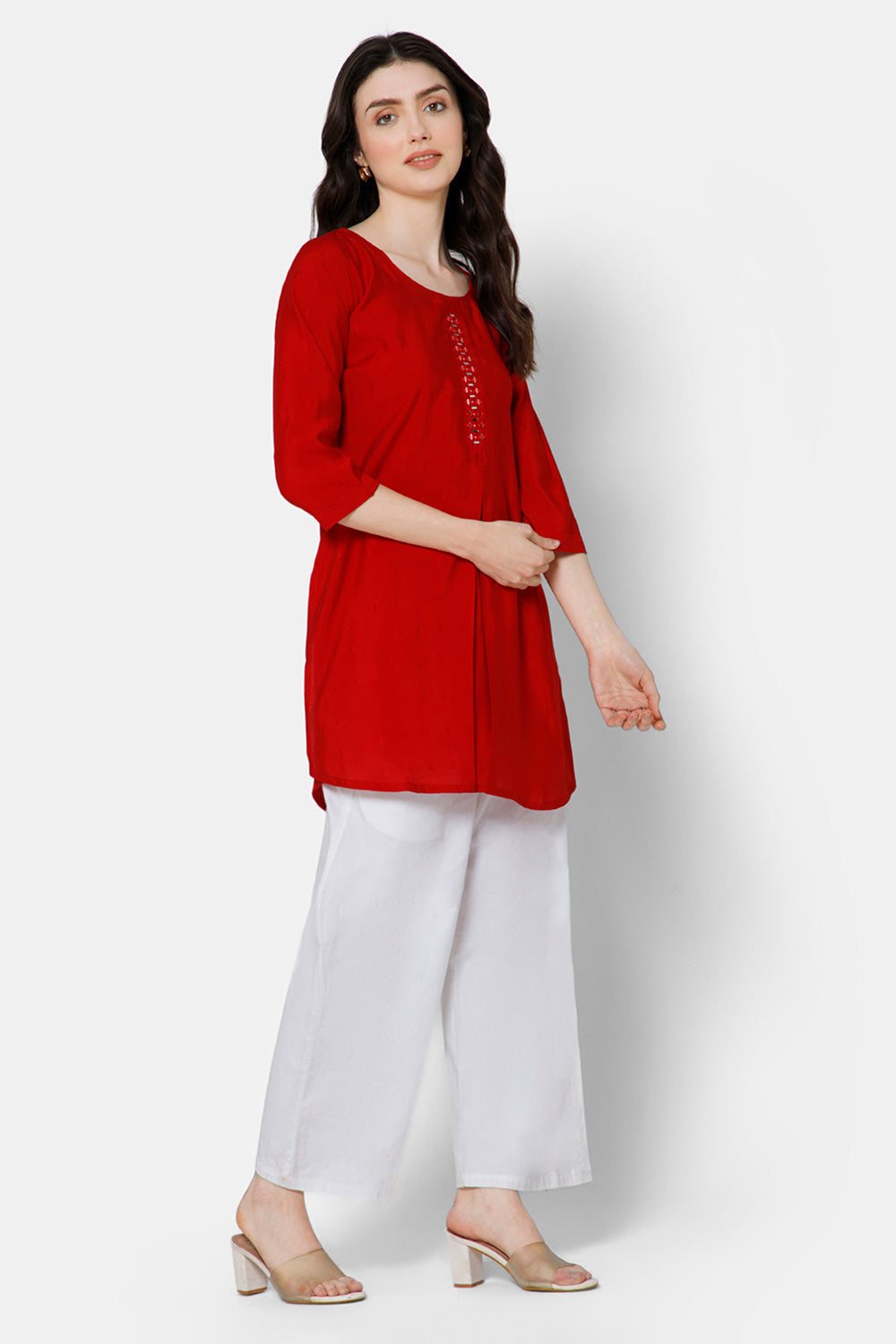 Mythri Women's Casual Tops with Mirror Work At The Center Front  - Red - E022