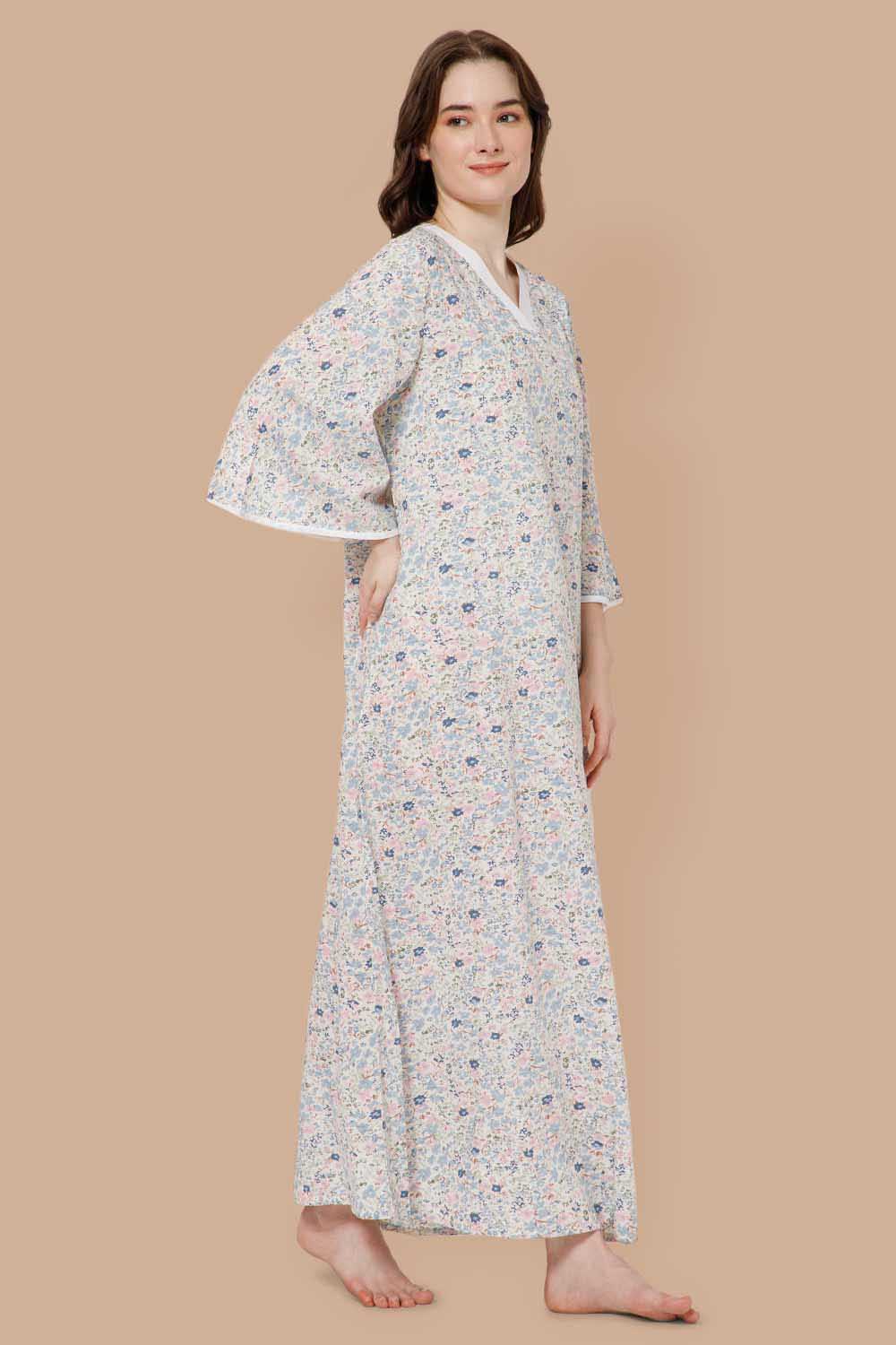Naidu Hall V Neck Printed Nighty with Long Bell Sleeves - Blue - NT40