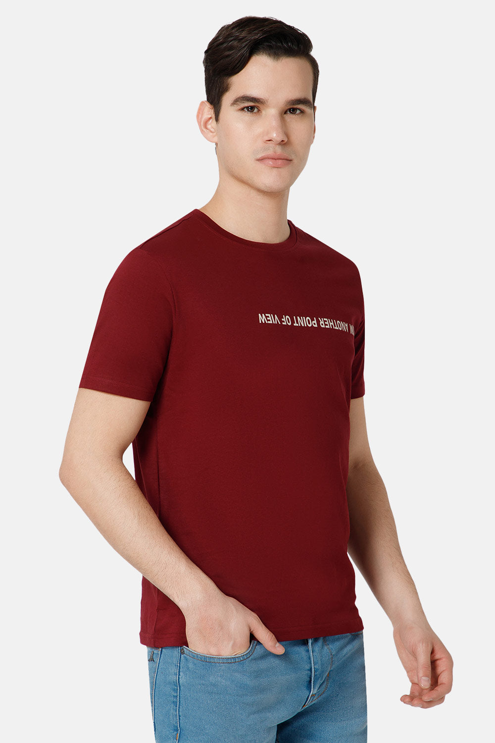 Enhance Printed Crew Neck Men's Casual T-Shirts - Wine - TS28