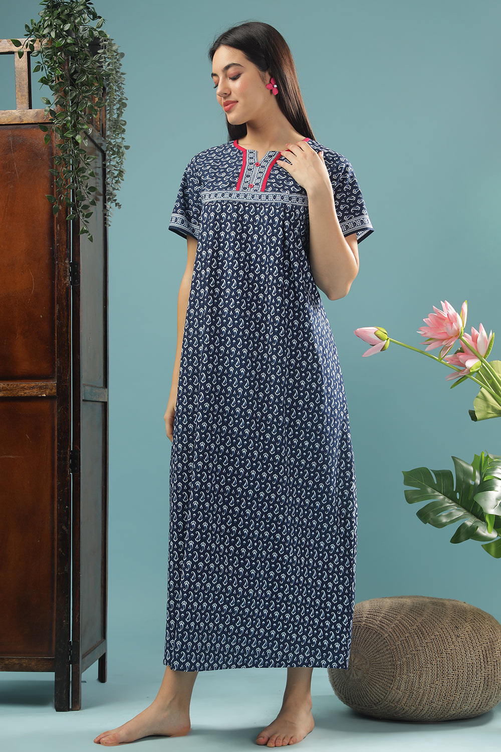 Naidu Hall Round Neck Half Sleeve Pull-On Nighty - Navy - NT32