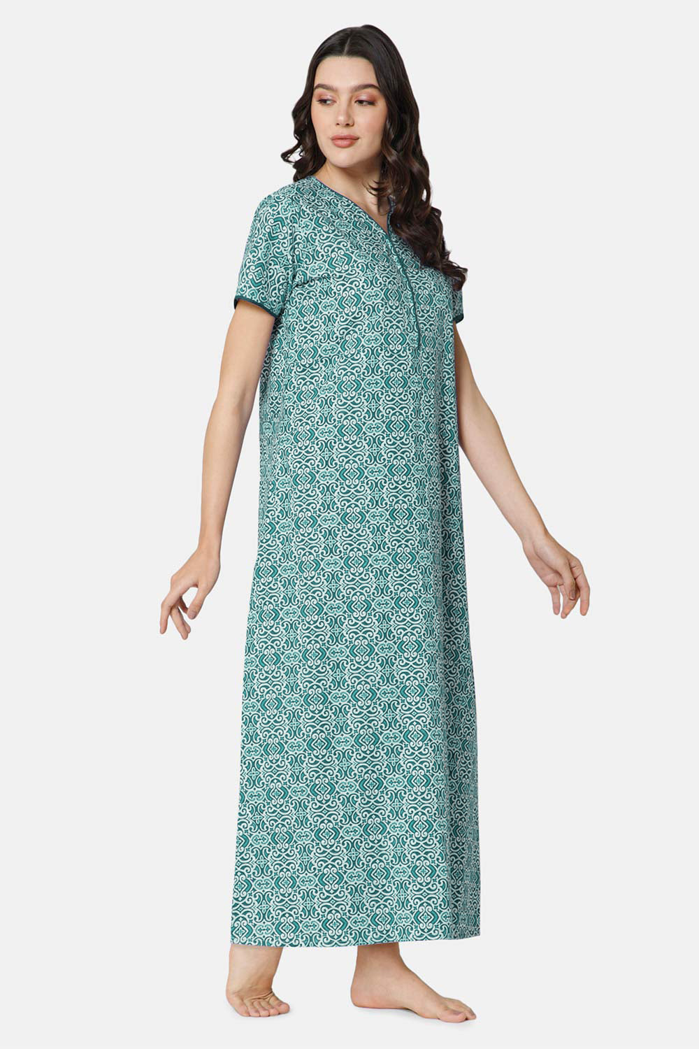Naidu Hall A-line Front Open Women's Nighty Full Length Half Sleeve  - Green - R119