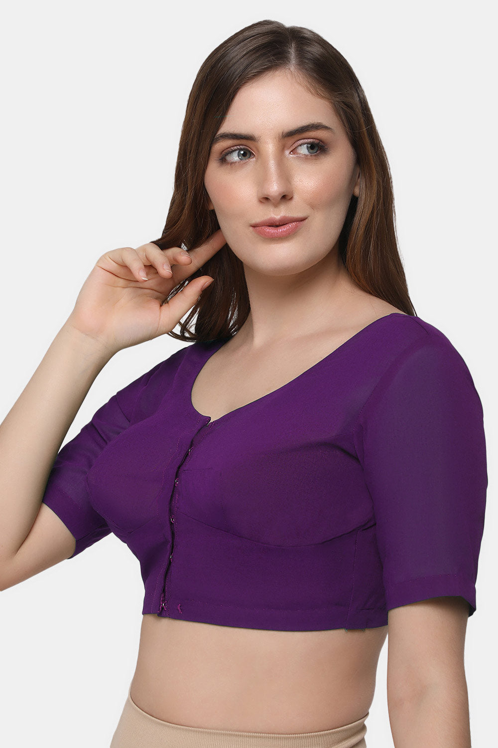 Naidu Hall Women's 2x2 Cotton Saree Blouse | Readymade Round Neck Elbow Sleeve Woven Cotton Blouse | Plain Traditional Blouse for Cotton, Handloom, Linen & Silk Cotton Sarees - RNRE
