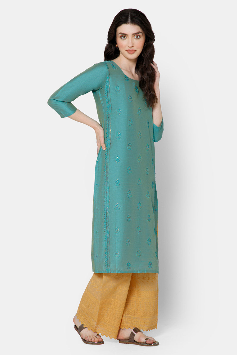 Mythri Women's Ethnic wear with Sequins Embroidery - Sea Green - E038