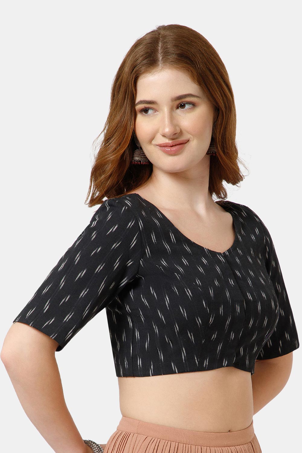Naidu Hall Women’s Cotton Blouse | Woven U-Neck Ethnic Blouse with Elbow Sleeves & Front Closure - Black-3 - BU17