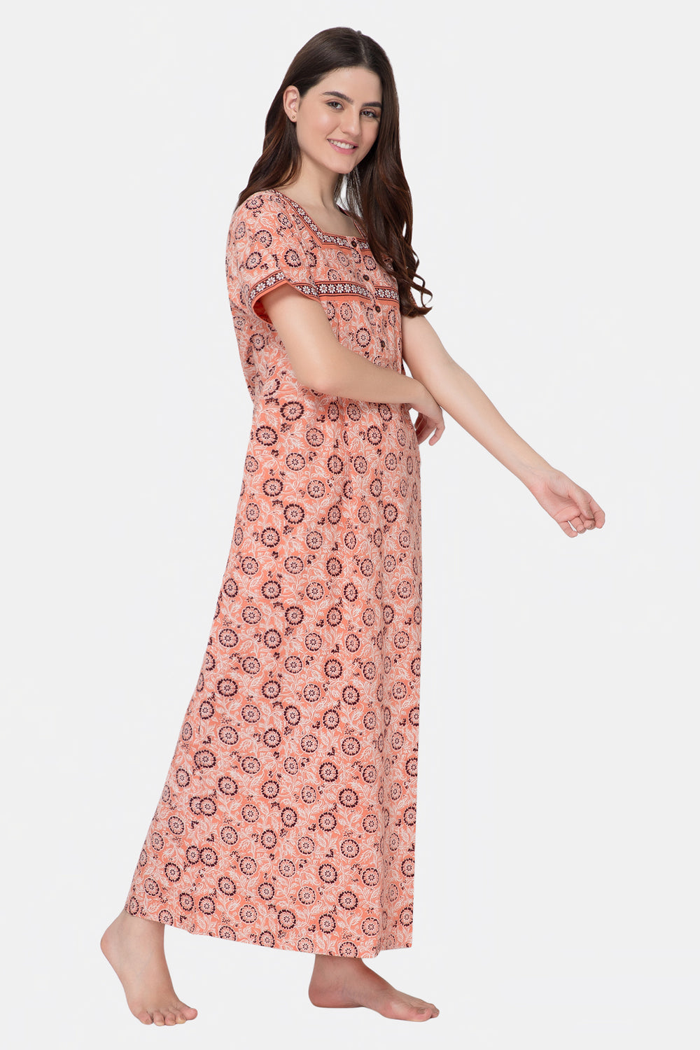 Naidu Hall Square Neck Half Sleeve Front Button Open Nighty - Peach - NT10