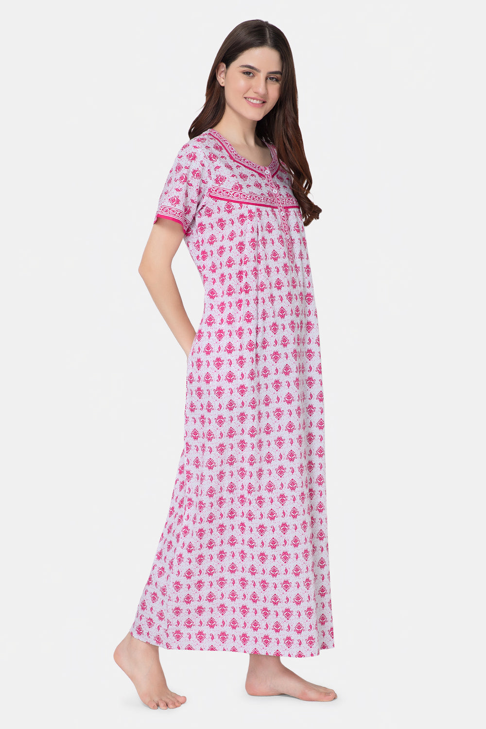 Naidu Hall Round Neck Half Sleeve Front Button Open Nighty - Pink - NT08