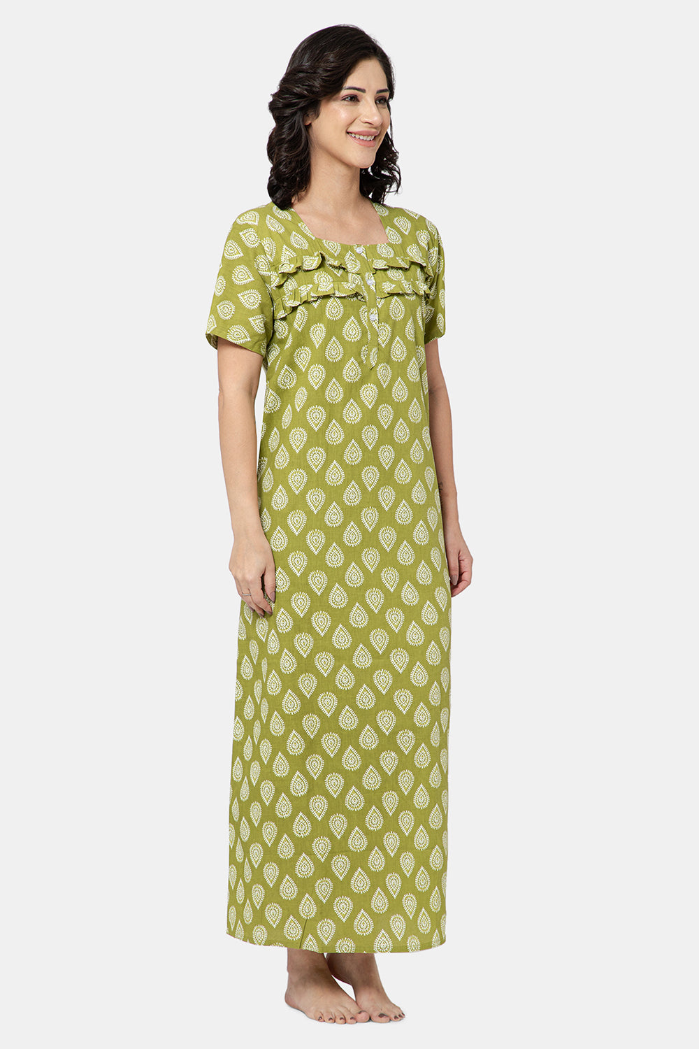 Naidu Hall  Women's Printed A-Line Nighty with Square Neck and Ruffle Detailing - Green - N101