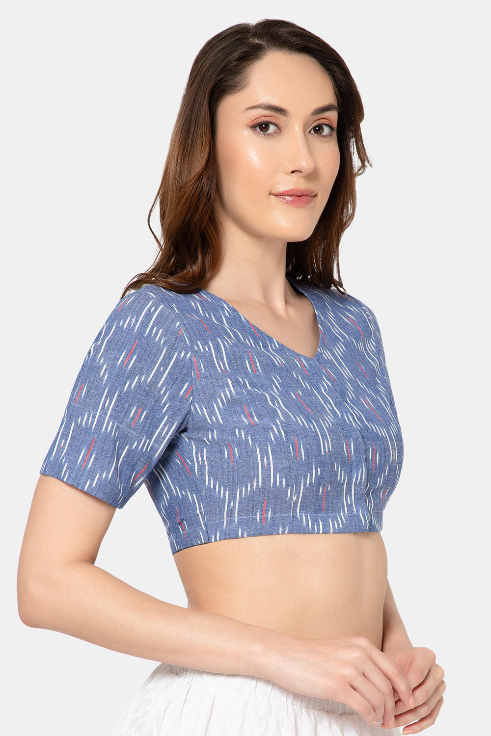 Naidu Hall Women’s Designer Cotton Ikat Blouse V-Neck Front Open with Elbow Sleeves - Navy Blue - BU16