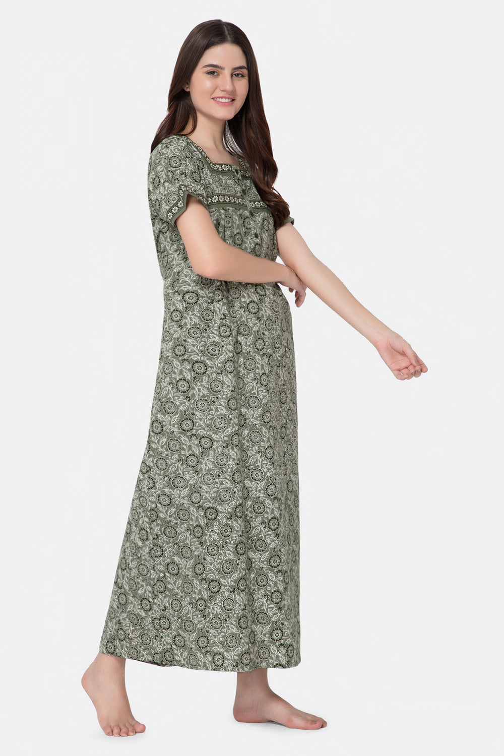 Naidu Hall Square Neck Half Sleeve Front Button Open Nighty - Green - NT09