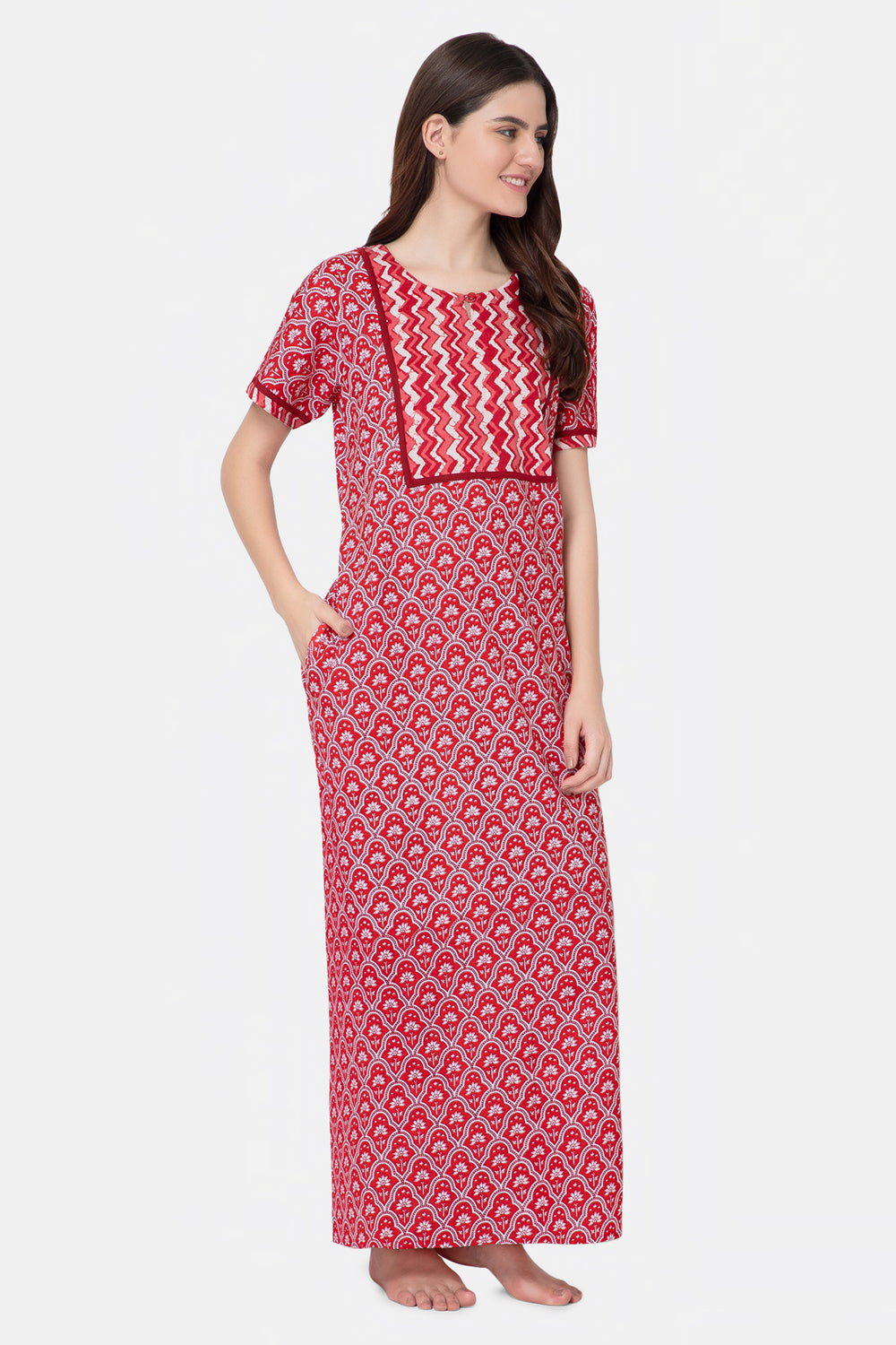 Naidu Hall Round Neck Half Sleeve Pull-On Nighty - Red - NT24