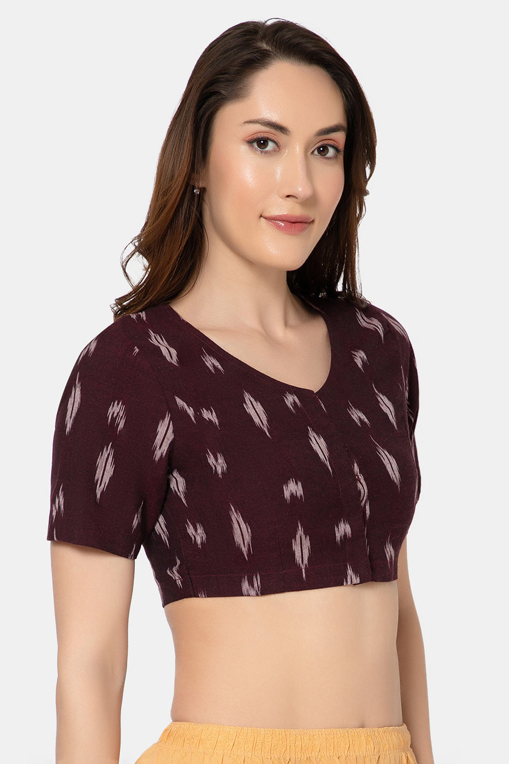 Naidu Hall Women’s Designer Cotton Ikat Blouse V-Neck Front Open with Elbow Sleeves - Wine - BU16