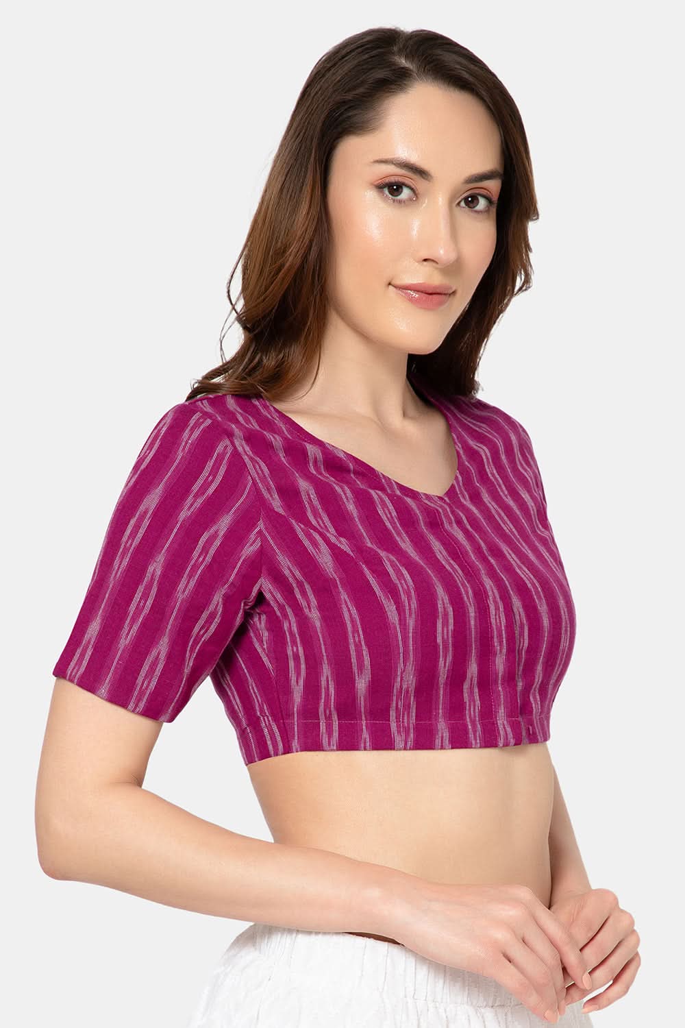 Naidu Hall Designer Cotton Ikat Blouse for Women with V-Neck, Front Open, and Soft Lining  - Purple - BU15