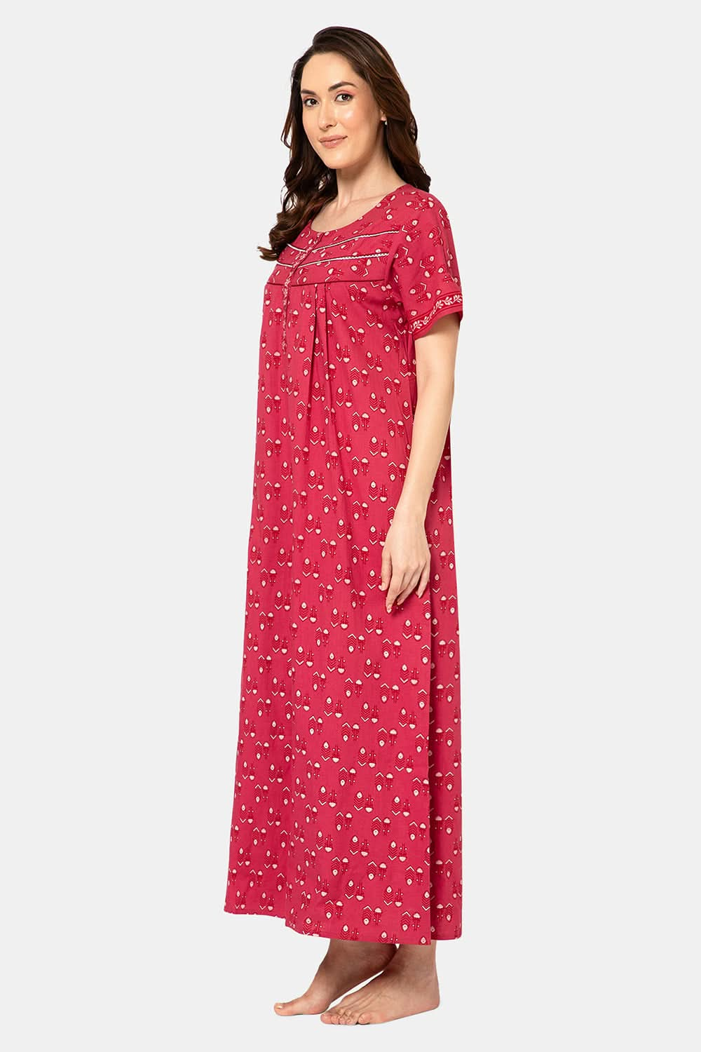 Naidu Hall  Women's A-Line Nighty with Round Neck, Front Opening, Half Sleeves, and Lace Detailing  - Pink - NA13