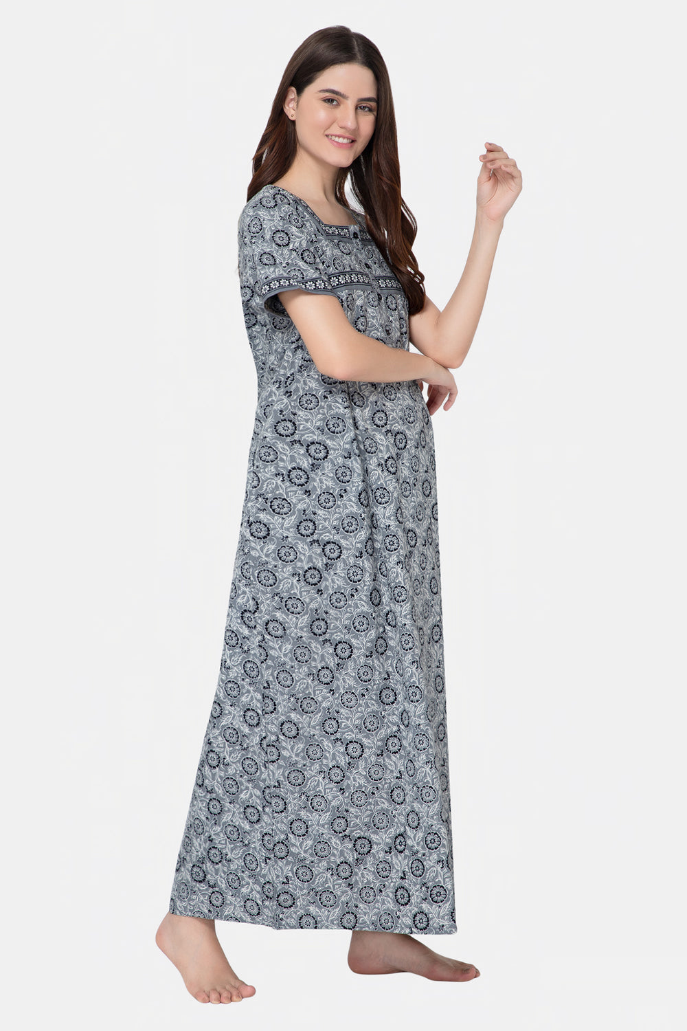 Naidu Hall Square Neck Half Sleeve Front Button Open Nighty - Grey - NT12