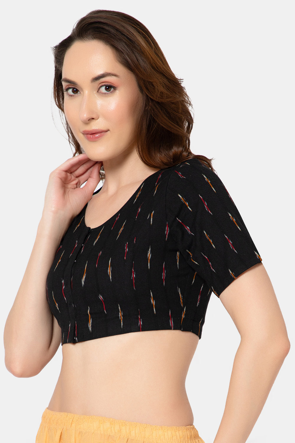 Naidu Hall Women’s Designer Cotton Ikat Blouse V-Neck Front Open with Elbow Sleeves - Black - BU16