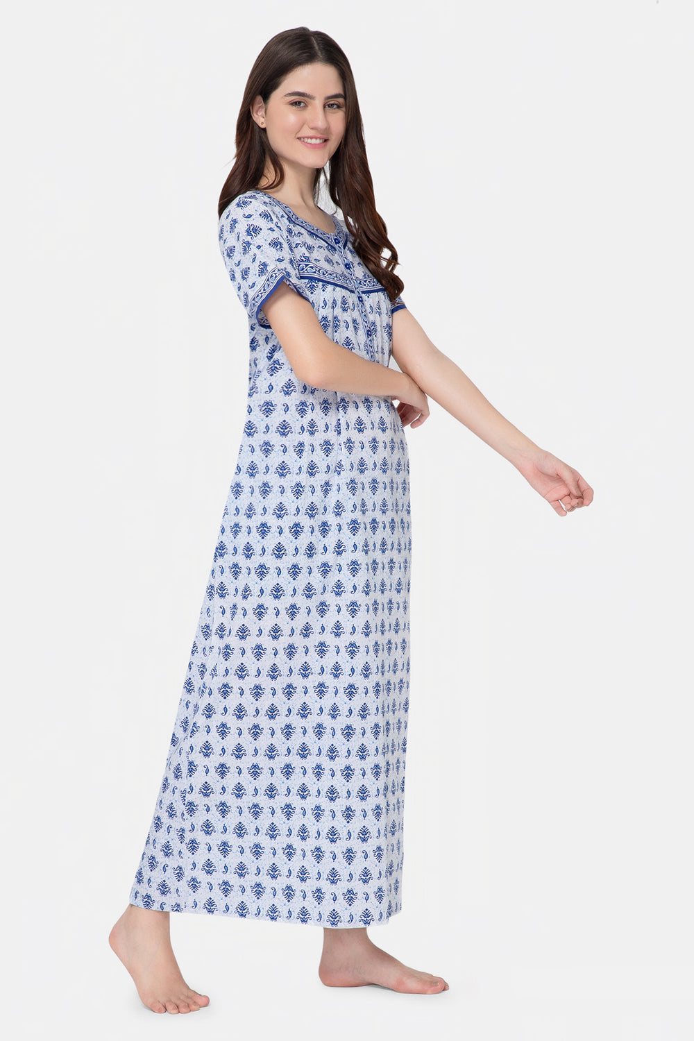 Naidu Hall Round Neck Half Sleeve Front Button Open Nighty - Blue - NT06