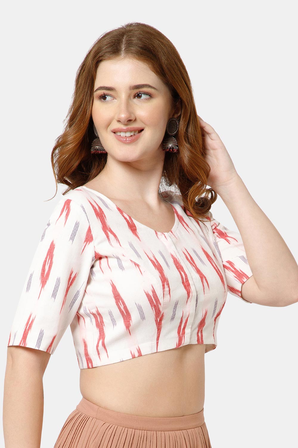Naidu Hall Women’s Cotton Blouse | Woven U-Neck Ethnic Blouse with Elbow Sleeves & Front Closure - White Red - BU17