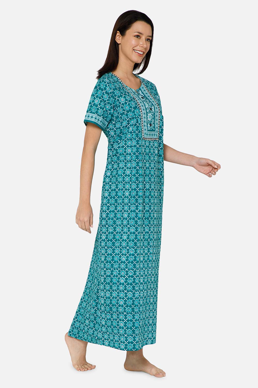 Naidu Hall A-line Women's Nighty Full Length Half Sleeve  - Green - R136