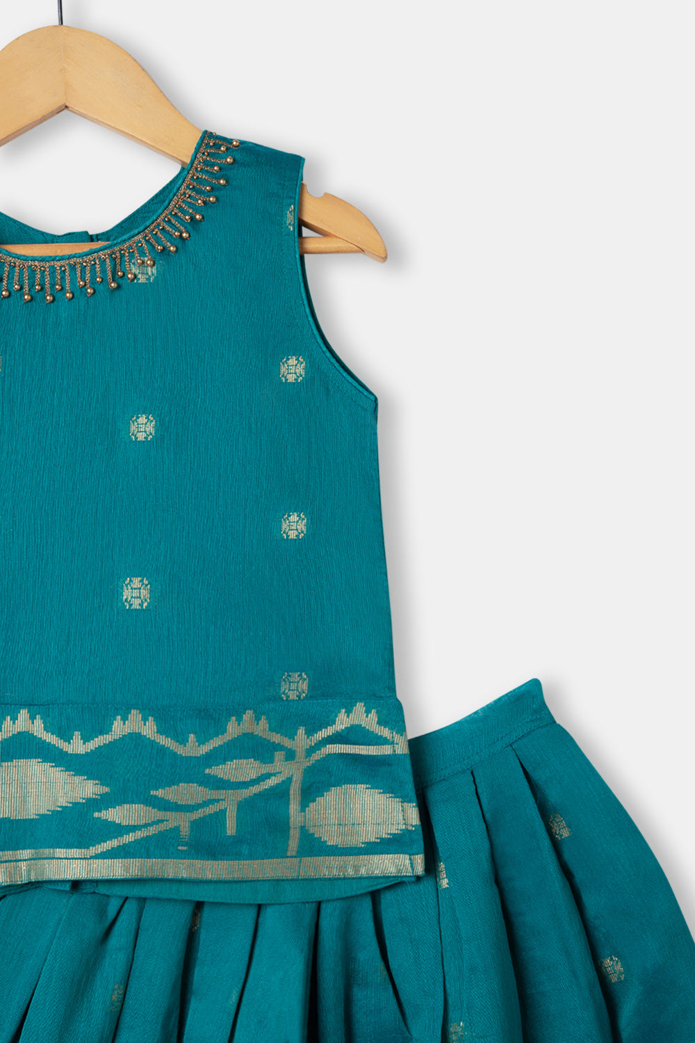 Chittythalli Girls Ethnic Pavadai Set Round Neck with Hand Embroidery Sleeveless Top with Box Pleat Skirt - Teal Green - PS71