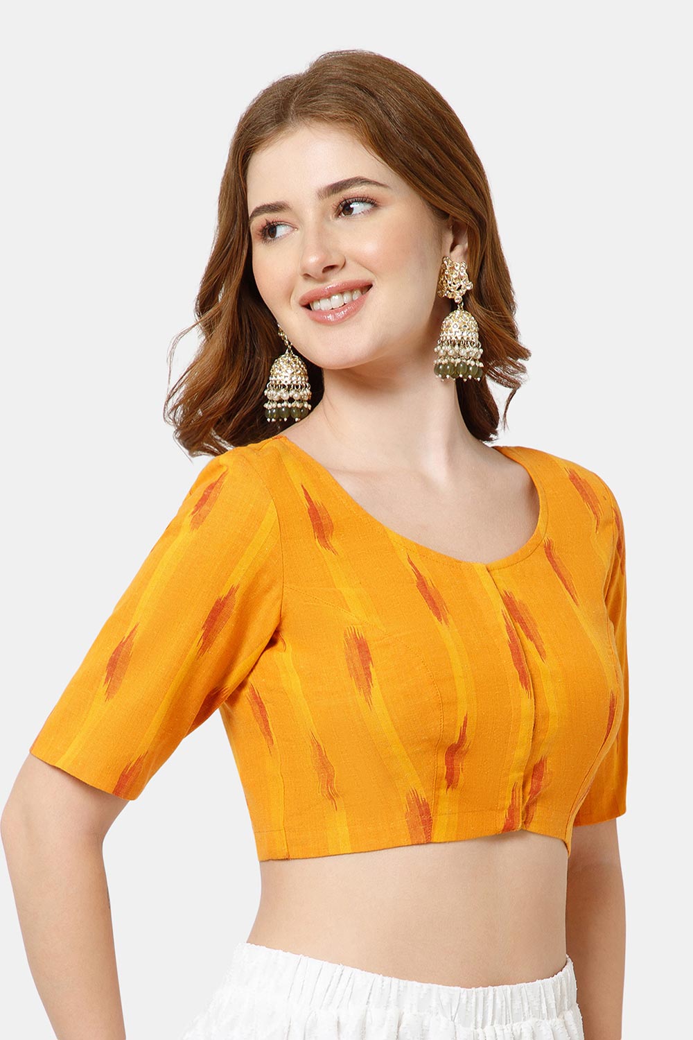 Naidu Hall Women’s Cotton Blouse | Woven U-Neck Ethnic Blouse with Elbow Sleeves & Front Closure - Orange - BU17