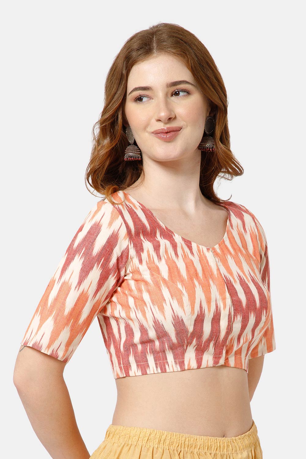 Naidu Hall Women's Cotton Blouse | Woven U-Neck Ethnic Blouse with Elbow Sleeves & Front Closure - White Red-3 - BU17