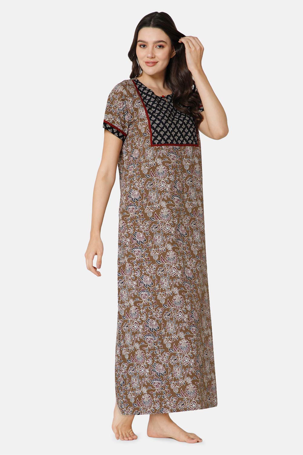 Naidu Hall A-line Women's Nighty Full Length Half Sleeve  - Olive - R142