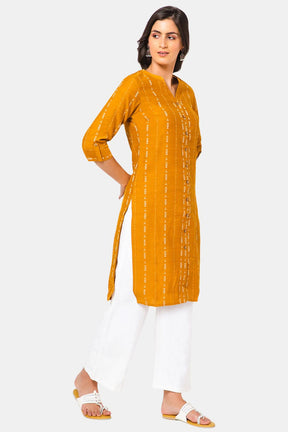 Mythri Women Knee Length Straight Kurtha - Mustard - KU37