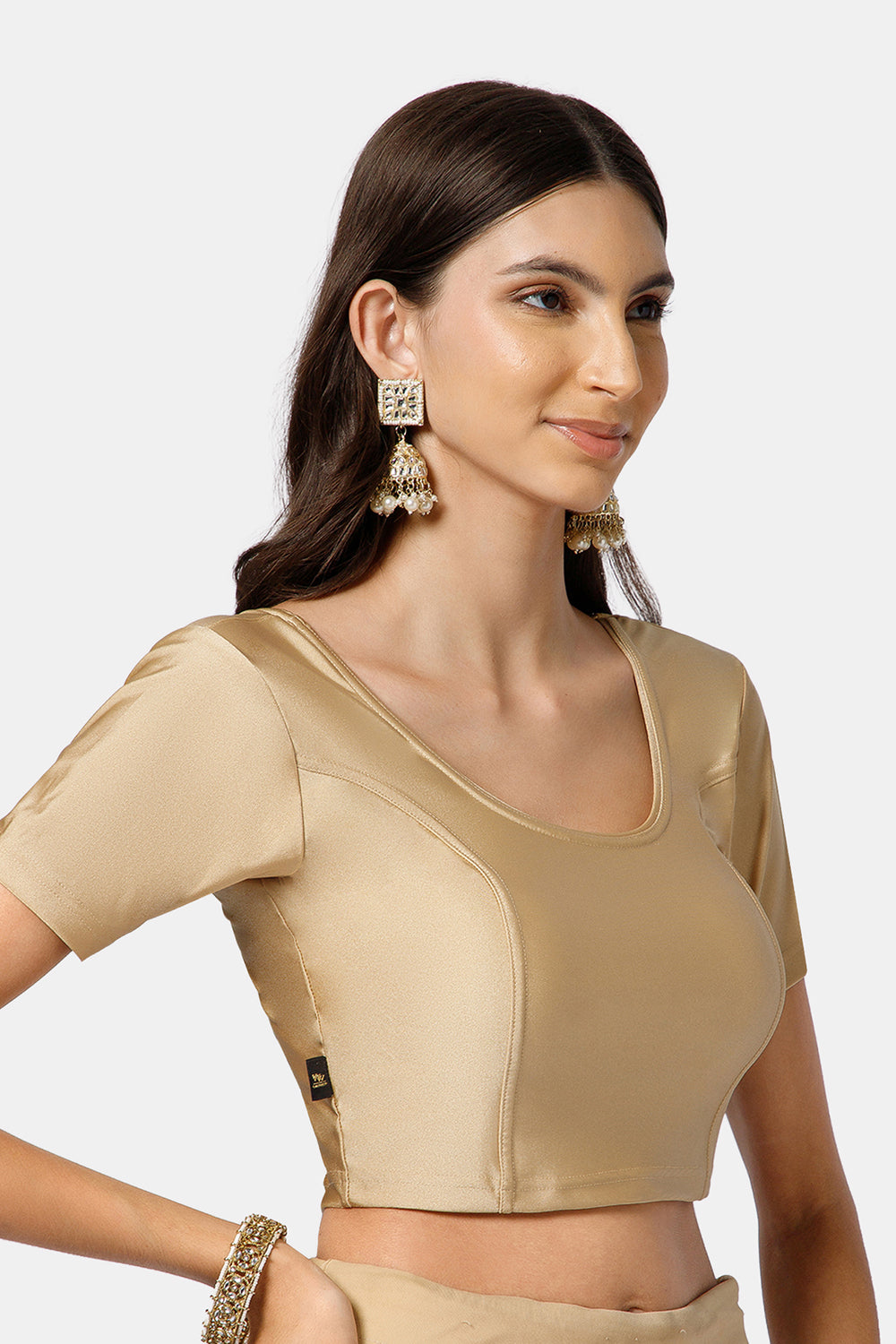 Naidu Hall Women’s Shimmer Knitted Saree Blouse | Silk Blend Round Neck Short Sleeve Ready to Wear Blouse | Regular Fit Solid Stretch Blouse for Sarees - Skin Shimmer
