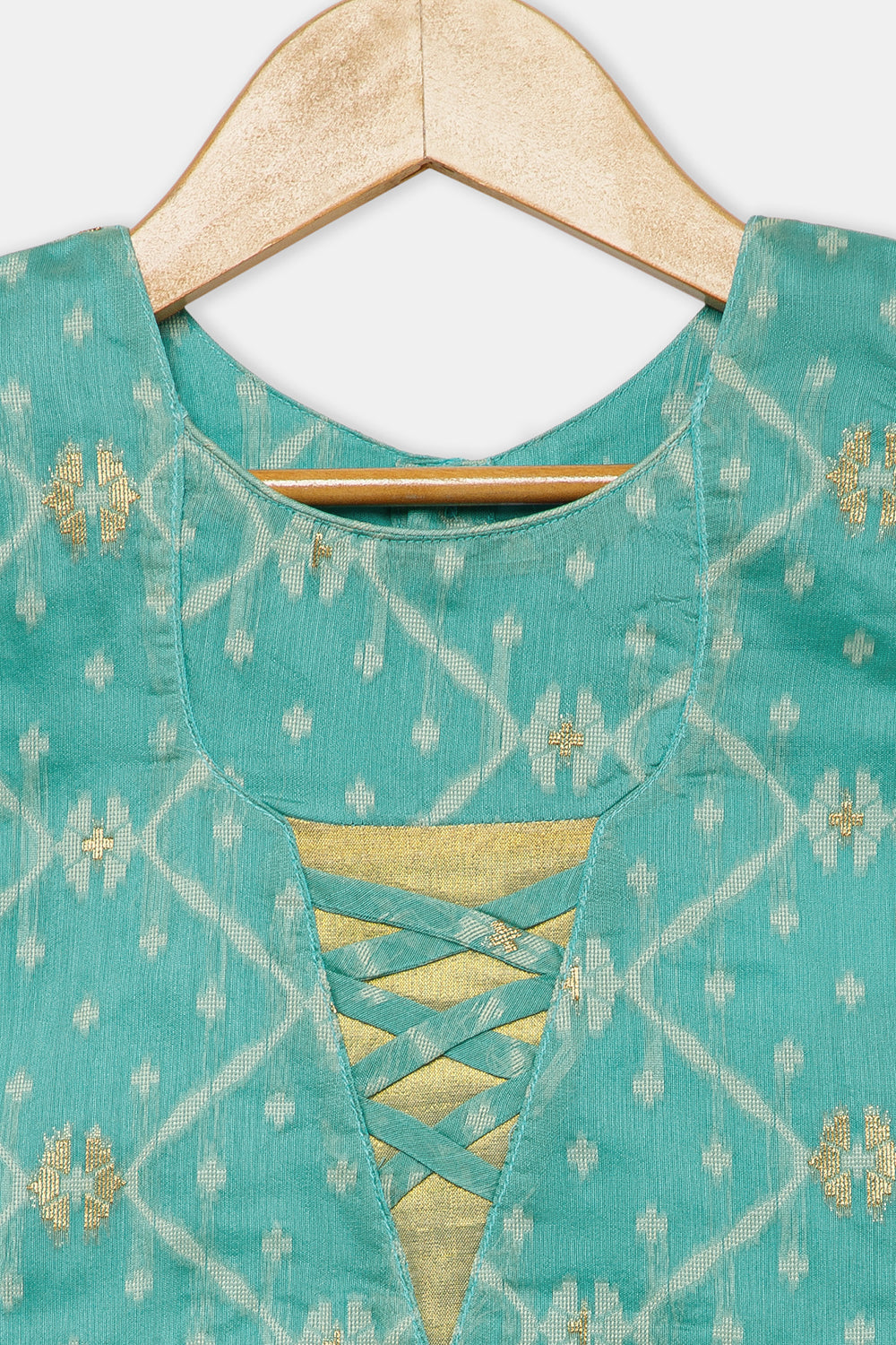 Chittythalli Girls’ Ethnic Pavadai Set – Chanderi Jamdani Peplum Top with Criss-Cross Cording & Kali Skirt | Traditional Festive Wear for Girls - PS91