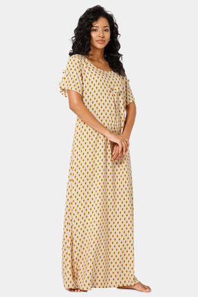 Naidu Hall  Round Neck Box Pleatted Short Sleeve Printed Nighty-Sandle wood - NT44