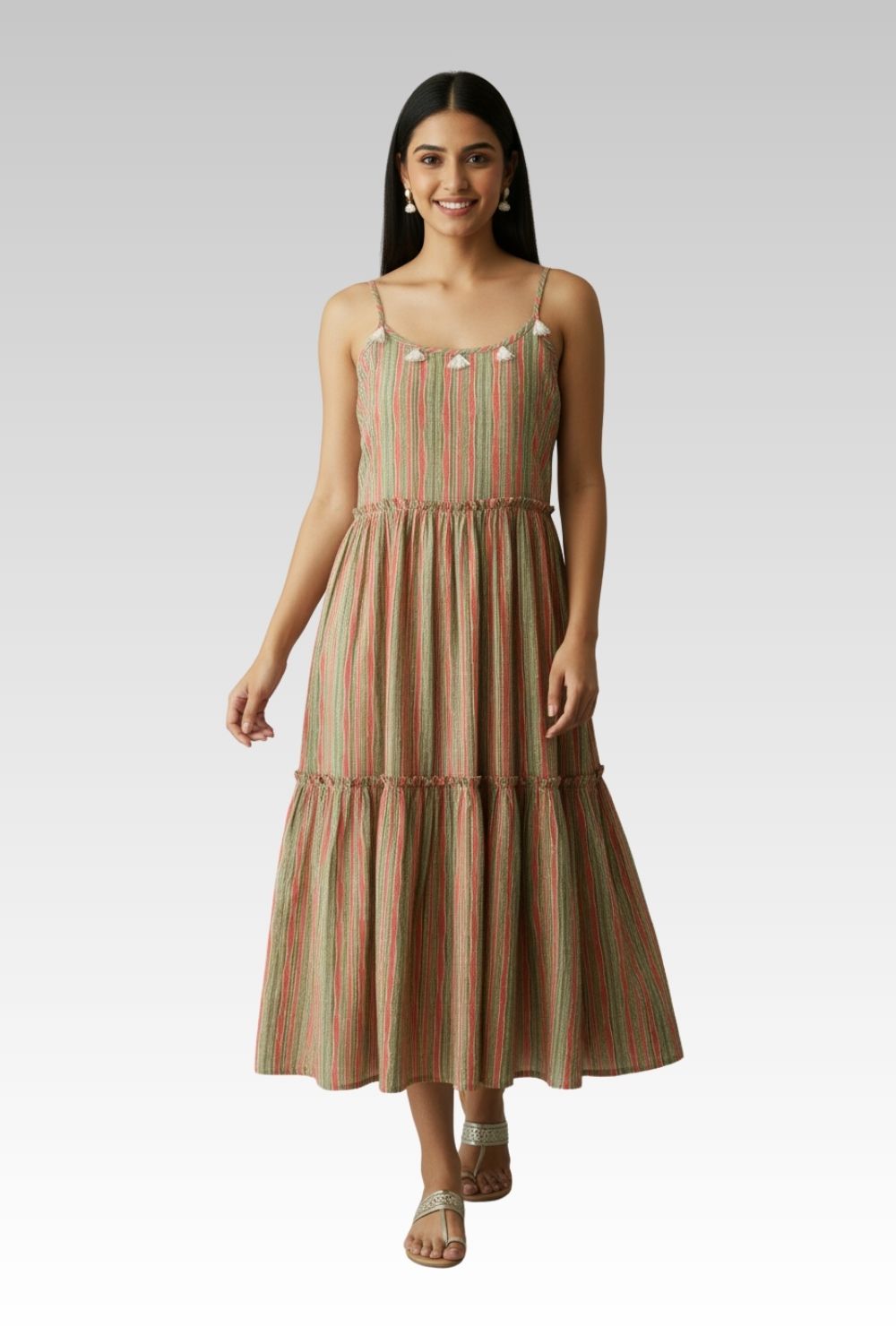 Mythri Women’s Sleeveless Cotton Cambric Dress | Tiered Everyday Wear with Scoop Neckline & Tassel Detailing - Green - R503